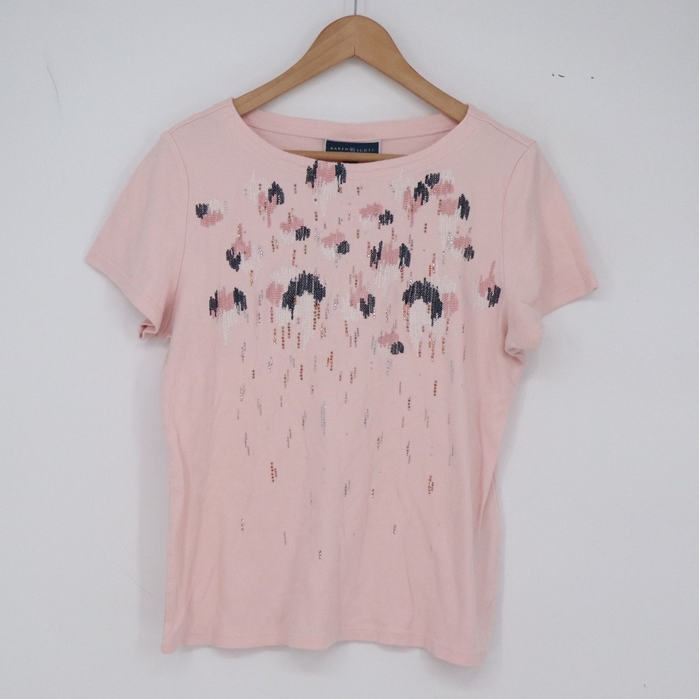 Karen Scott T-Shirt Womens L Pink Abstract Sequin Embroidered Cotton Excellent